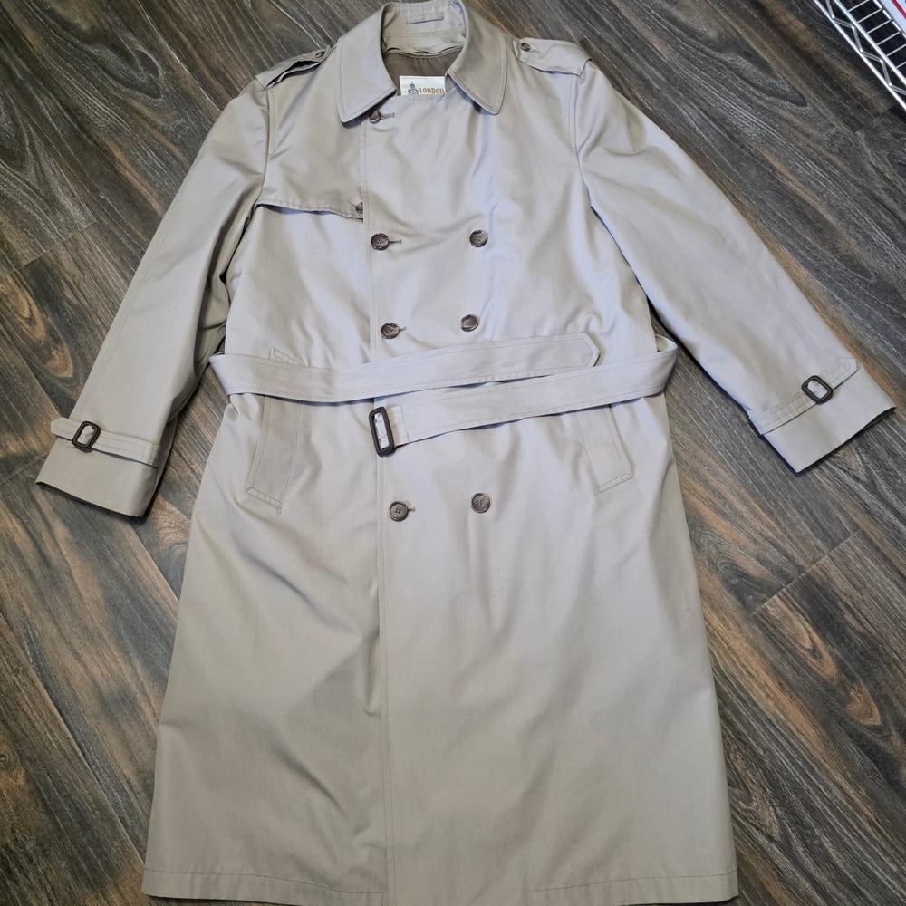 London Fog Douglas Mens Tan Double Breasted Trench‎ Coat Belt Faux Fur Liner 44L